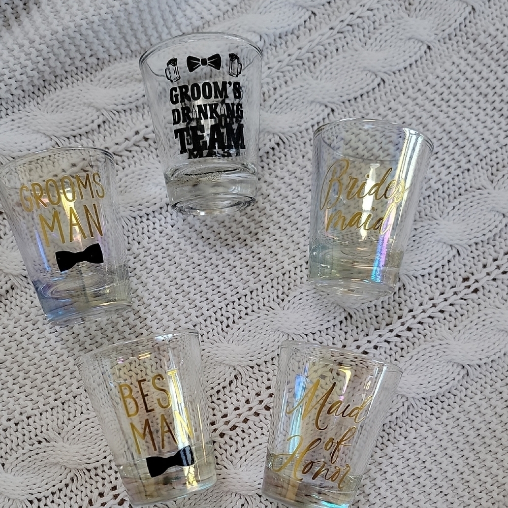 Set of 10 Bridal Party Shot Glasses with Gold and Black Text EUC